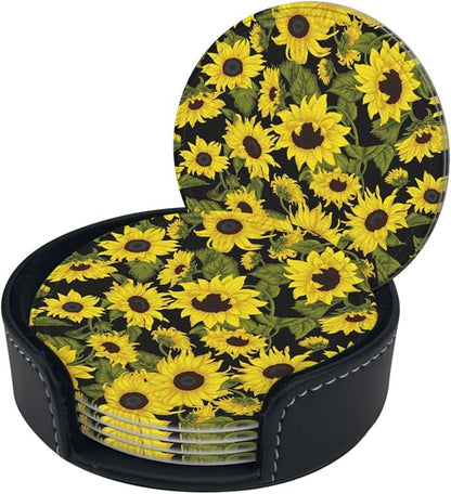 Drink Coasters with Holder Stand Set of 6, Sunflower Pu Leather Absorbent