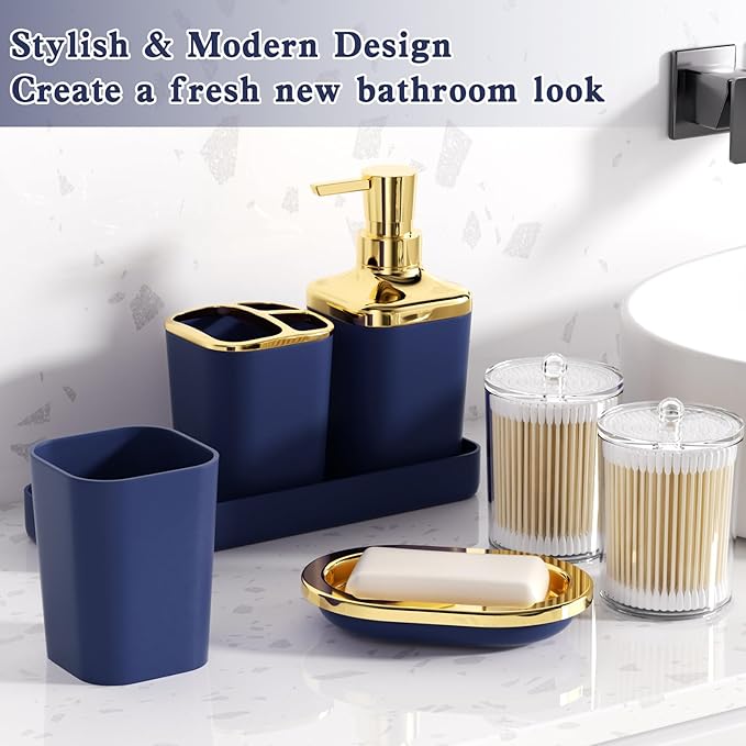 Navy Blue Bathroom Accessories Set, Blue and Gold Bathroom Accessories with Trash Can, Soap Dispenser, Soap Dish, Toothbrush Holder and Q-tip Holders