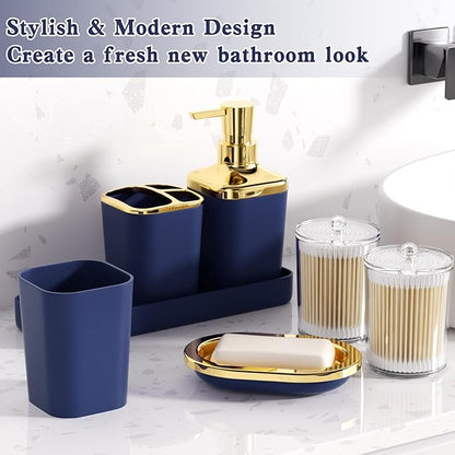 Navy Blue Bathroom Accessories Set, Blue and Gold Bathroom Accessories with Trash Can, Soap Dispenser, Soap Dish, Toothbrush Holder and Q-tip Holders