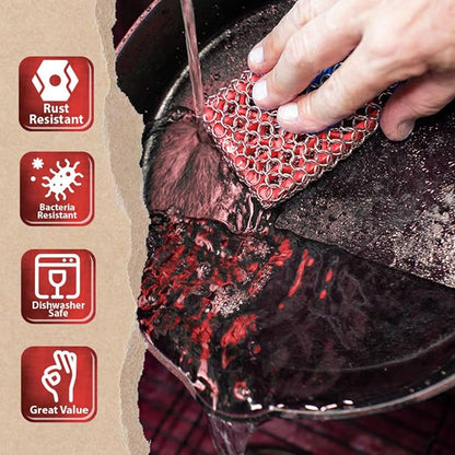 Knapp Made Combo Chainmail Cast Iron Scrubber with Silicone Core - Heavy Duty Rings and Fine Chainmail Rings -Premium Cast Iron Cleaner Chainmail Scrubber -Perfect for Cast Iron Cookware,Skillet,Woks