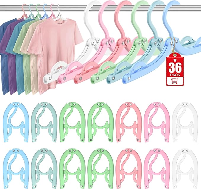 36 Pcs Travel Hangers Portable Foldable Travel Hanger Organizer, Plastic Cruise Ship Essentials Clothes Folding Hangers for Camping Flying RV Europe Vacation Essentials Suitcase, Pastel Multi