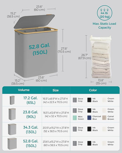 SONGMICS Laundry Hamper with Lid, 3-Section Large Laundry Basket, 52.8-gallon (150L), Removable Mesh Liner, Bamboo Handles, Collapsible, 23.6 x 15.2 x 27.8 Inches, Dove Gray ULCB515G01
