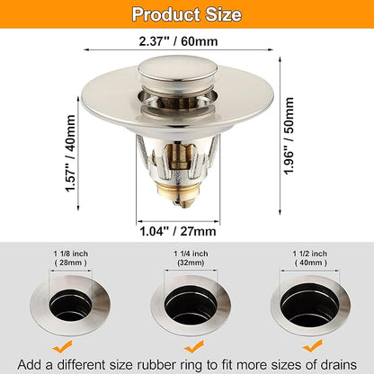Bathroom Sink Drain Stopper for 1.1 to 1.5 inch Standard Drain Holes, Pop-up Sink Stoppers, Bullet Core Push Type Basin Drain Filter, Anti Clogging Stainless Steel Sink Strainer With Basket, Brushed