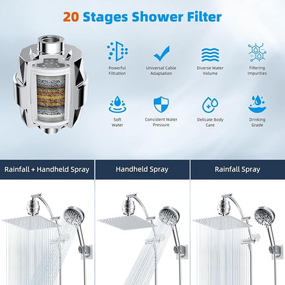 Hibbent All Metal 12'' Dual Filtered Rainfall Shower Head Combo, High Pressure Handheld Shower Head with 16'' Adjustable Arc Extension Arm, 20 Stage Shower Filter, 10-spray, 71'' Shower Hose, Chrome
