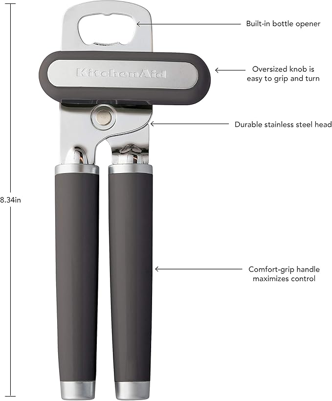 KitchenAid Classic Multifunction Can Opener and Bottle Opener Easy to Use, Razor Sharp Stainless Steel Cutting Wheel, Soft Ergonomic Handles, Charcoal
