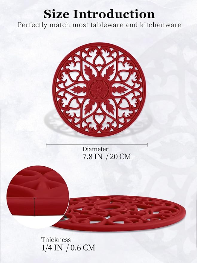 SMARTAKE 6 Set Silicone Trivets, Multi-Use Carved Trivet, Insulated Non-Slip Durable Kitchen Mats, Flexible Modern Kitchen Table Mat, for Hot Dishes, Pots, Dining Countertop, Red