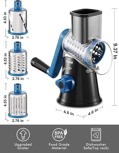 Geedel Rotary Cheese Grater, Kitchen Mandoline Vegetable Slicer with 3 Interchangeable Blades, Easy to Clean Rotary Grater Slicer for Fruit, Vegetables, Nuts