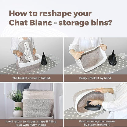 CHAT BLANC Cotton Rope Baskets for Organizing | Storage Baskets for Shelves | Rope Basket for Storage, Small Laundry Baskets, Woven Baskets for Storage, Dog Toy Bin, Baby Basket, White&Graphite 3 Pack