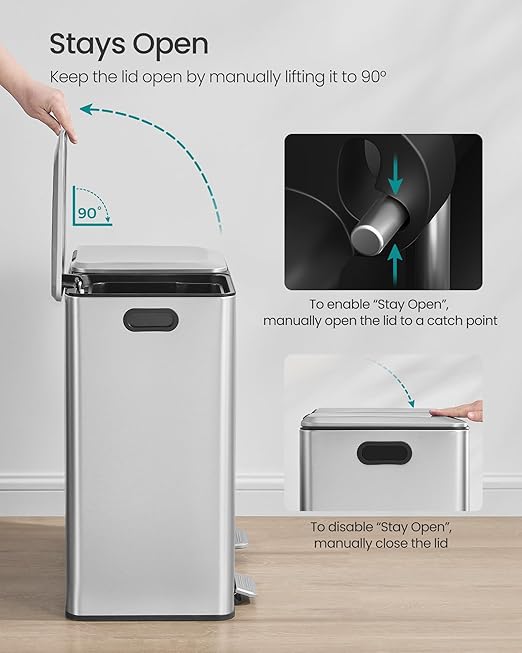 SONGMICS Trash Can, 2 x 8 Gallon (2 x 30 L) Double Garbage Can with Soft-Close Lids, Removable Inner Buckets, Pedals, Stainless Steel, for Waste and Recycling, Metallic Silver ULTB743E01
