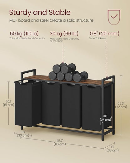 VASAGLE Laundry Hamper, Laundry Basket, Laundry Sorter with 4 Pull-Out and Removable Bags, Shelf, Metal Frame, 4 x 10.6 Gallons (40 L), 45.7 x 13 x 28.4 Inches, Ink Black and Rustic Brown UBLH401B01