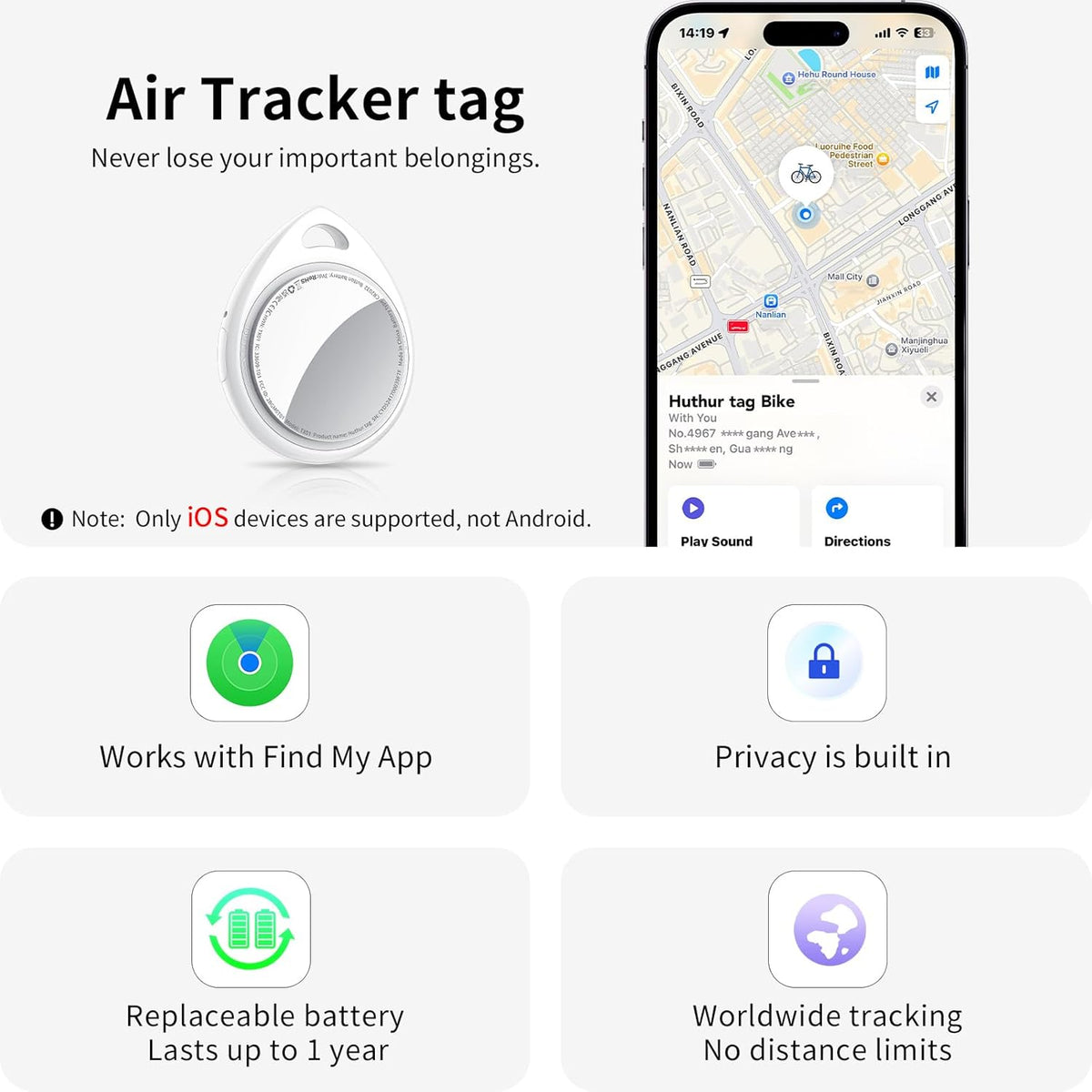 Air Tracker Tags-4 Pack, 5.3 Bluetooth Tracker Work with Apple Find My (iOS Only), 100dB Sound Finder, Smart Tags with Keychain/Lanyard, Item Finder for Luggage/Key/Suitcase, Replaceable Battery.