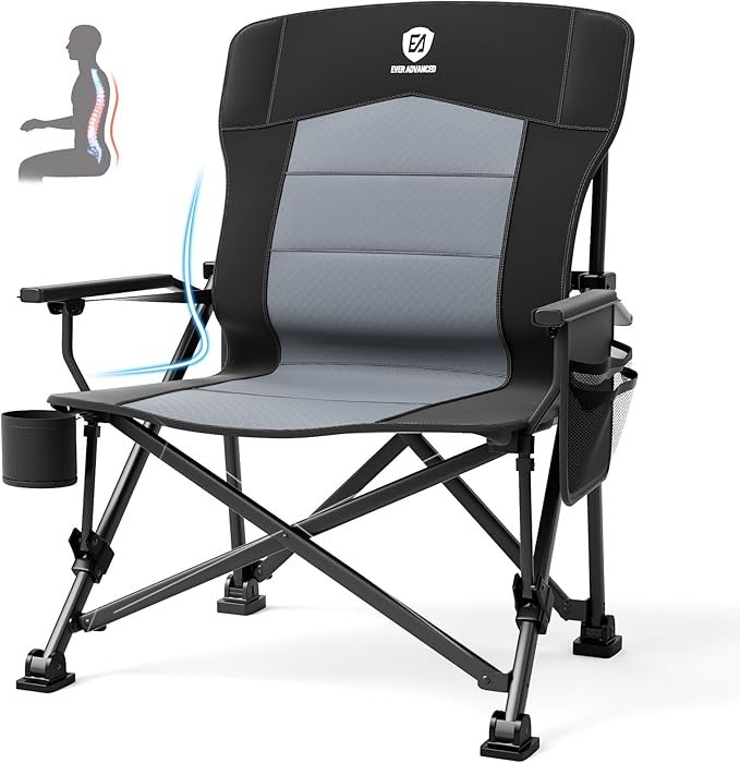 EVER ADVANCED Oversized Folding Camping Chair for Adults with Adjustable Lumbar Support, Heavy Duty Chair with Side Pockets, Portable Collapsible Quad Chair for Outside
