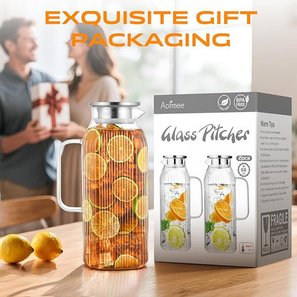 2 Liters/68oz 2 Pack Stripes Glass Pitcher with Lid and Handle for Fridge Door, Aofmee Borosilicate Glass Heat Resistant Dishwasher Safe Iced Tea Jar, Carafe with Scale Line for Hot/Cold Beverage