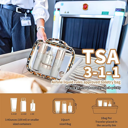 TSA Approved Travel Toiletry Bag,3 Pack Clear Makeup Bags with Handles,Quart Size Clear Cosmetic Bags for Traveling Women,Men,Carry on Airport Airline Compliant Bag,Leopard