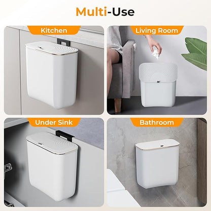2.4 Gallon Hanging Trash Can - Small Under Sink Trash Can with Lid, Wall Mounted Compost Bin for Kitchen Cupboard Countertop, Odor-Control, Extended Clamping Ring, PET Material, White