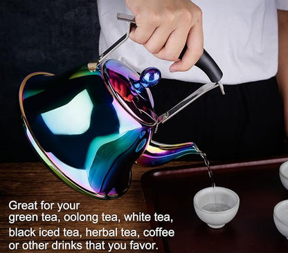 Whistling Tea Kettle Stainless Steel Stovetop Teakettle with Infuser Sturdy Teapot for Tea Coffee Fast Boiling Color Rainbow Mirror Finish 2 Liter / 2 Quart