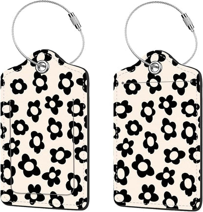 2 Pcs Luggage Tags for Suitcase, Cute Unique PU Leather Travel Bag Tag with Privacy Cover ID Label Address Card and Durable Metal Ring Suitable for Men Women Children Backpack,Black Flowers