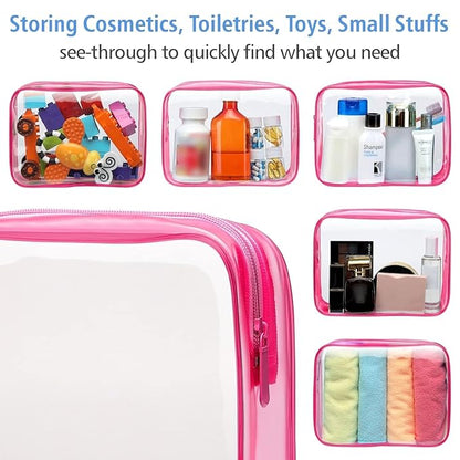 PACKISM Clear Makeup Bags - 3 Pack TSA Approved Clear Travel Bags for Toiletries, Carry on Toiletry Bag TSA Approved Toiletry Bag, Matte Rose Red