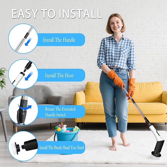 Spin Scrubber,9-In-1Multifunctional Cleaning Brush with Detachable Handle,9 Replaceable Brush Heads&LCD Display,Rechargeable Electric Spin Scrubber for Bedroom,Bathroom,Kitchen,Car