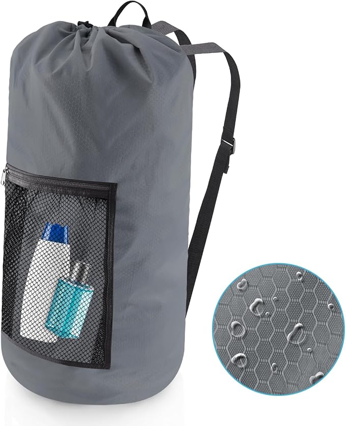 Laundry Bag Backpack, Extra Large Travel Laundry Bag with Mesh Pocket & Adjustable Shoulder Straps,Dirty Clothes Travel Bag for College Students Dorm,Apartment(Grey)