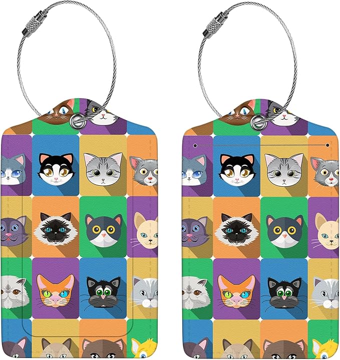 2 Pcs Luggage Tags for Suitcases, PU Leather Cruise Ship Luggage Tags with Privacy Cover Label Address Card and Durable Metal Ring Suitable for Men Women Handbags Backpacks Schoolbag,Animal Squares