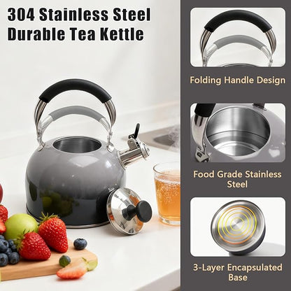 Tea Kettle Stovetop,Stainless Steel Whistling Tea Kettle For Stove Top, 2.5 Qt Tea Pot With Folding Handle, Food Grade Water Teapot Water Kettle For Stove Home Camping Travel,Gradient Black