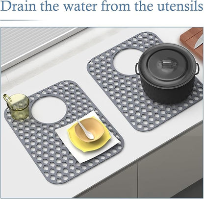 2 Pack Silicone Sink Protector for Kitchen Sink Bathroom, 13.58" x 11.6" Heat-resistant Sink Mat Non-Slip and Durable Silicone Protectors, Rear Drain, Gray