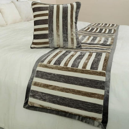 The HomeCentric King/Queen/Twin Beige & Grey Designer King 90"x18" Bed Runner with 2 Pillow Cover, Patchwork Bed Scarf on Velvet Fabric - Striation