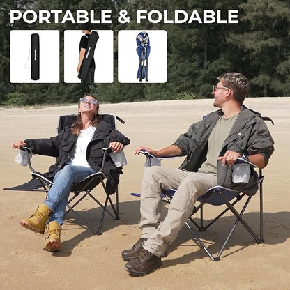 FUNDANGO Folding Camping Chair with Table, Portable Heavy Duty Outdoor Padded Chairs for Adults with Cup Holders for Lawn Beach Picnic Outside Travel (Black)