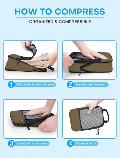 4 PCS Set Compression Packing Cubes for Travel, Lightweight Packaging Organizer Bags for Carry On Space Saving, Travel Essentials Cubes for Suitcase Backpack, Brown