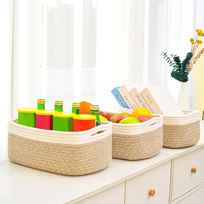 Small Baskets for Organizing, Decorative Storage Baskets for Shelves, Storage Bins, Woven Baskets for Storage, Mini Basket for Nursery, 13"×8.5"×5.1" (3 Packs) Off White & Brown