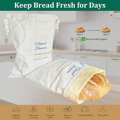 Reusable Beeswax Bread Bags for Sourdough and Homemade Bread, 2-Pack Extra Large Cotton Sourdough Bread Storage Bags