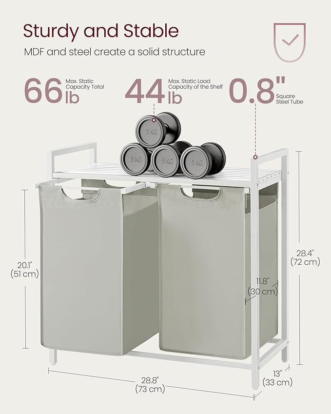 VASAGLE Laundry Hamper, Laundry Basket, Laundry Sorter with 2 Pull-Out and Removable Bags, Shelf, Metal Frame, 2 x 12.1 Gallons (46 L), 28.8 x 13 x 28.4 Inches, Cream White and Cloud White UBLH201W01