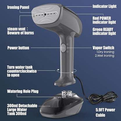 Powerful Handheld Fabric Steamer - 1800W with Fast Ceramic Heat-Up Plate, 2-in-1 Ironing & Wrinkle Remover, Steam Nozzle, Lint Brush - Gray, for US 120V Only