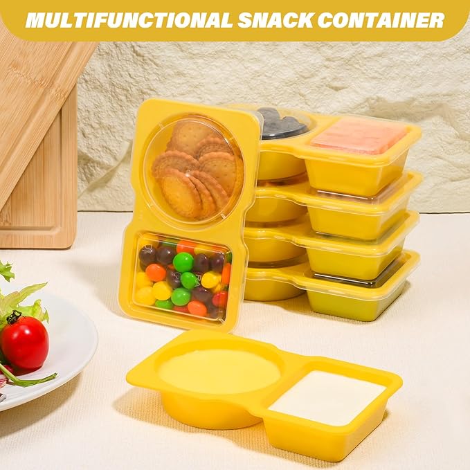 Double Compartment Snack Containers with Lids, 2 Compartment Condiment Container, Plastic Disposable Snack Pack Containers for Sauce, Salad, Food Storage Box(30PCS-Yellow)
