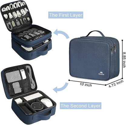 MATEIN Cord Organizer Case with Adjustable Divider, DJ Cable File Bag for Electronic Storage, USB Cable, Charger, Tech Accessories, Shockproof Portable Double Layer Cord Bags, Blue