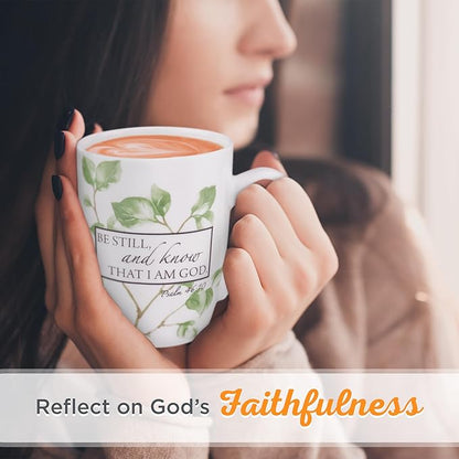 Christian Art Gifts Encouraging Scripture Ceramic Coffee & Tea Mug for Women: Be Still & Know Bible Verse Psalm, Inspirational Microwave/Dishwasher Safe Drinkware, White & Green Leaf Branches, 12 oz.