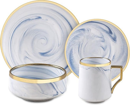 Fine China Artisan Marbled 16pc Dinner Set, Blue with Gold