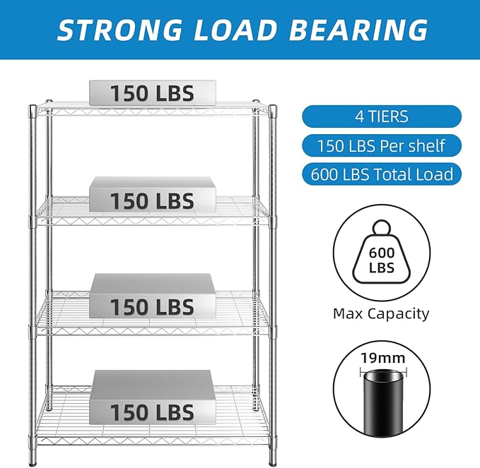 4-Shelf Adjustable Metal Shelf Wire Shelving Unit Storage Rack Display Shelf for Office,Kitchen,Bedroom,Bathroom,Laundry,Pantry Basement,Garage(Chrome,36" L x 14" W x 54" H)
