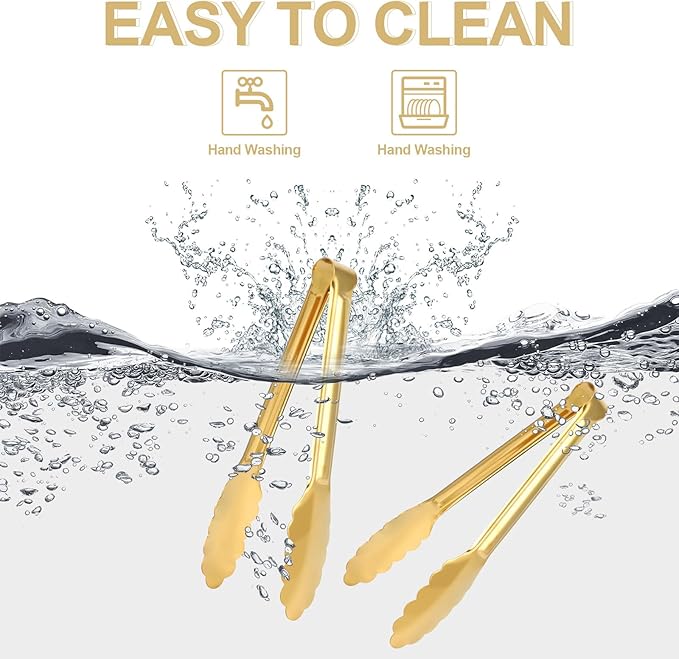 4 Pack Gold Tongs for Serving Food, 9 Inch Serving Tongs, Gold Buffet Tong Stainless Steel Utensils, Metal Kitchen Tong for Salad, Steak, Appetizer, Snack and Small Food (GOLD, 9INCH)
