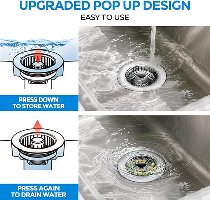 zaa Upgraded 3in1 Kitchen Sink Drain Strainer & Sink Stopper, 304 Stainless Steel Sink Drain Basket & Sink Protector for Kitchen with Anti-Clog Filter, Fit US Standard 3-1/2'' Sink Drain Hole, Gray