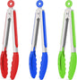 Hotec Silicone Kitchen Tongs for Cooking 9-Inch Serving Tongs with Silicone Tips, Set of 3 (Red Blue Green)