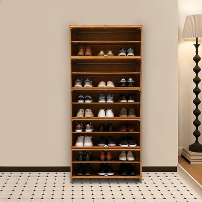 11Tier Bamboo Shoe Cabinet Shoe Storage Cabinet with Doors Freestanding Bamboo Shoe Rack Organizer with Shelves Tall Shoe Cabinet with Clear Doors for Entryway, Hallway, Closet, Living Room