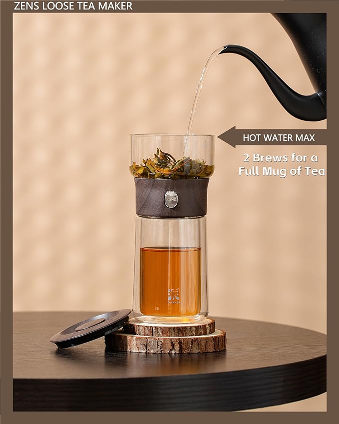 ZENS Modern Glass Infuser Teapot, One Touch Tea Maker for Loose Leaf Tea with Insulated Mug and Portable Case. Enchanted Pot Alternatives for Tea Lover Gifts