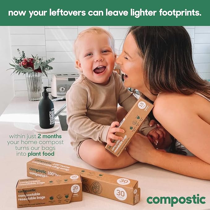 Compostic Home Compostable Resealable Gallon Bags (10.5"x10.5"), Microwave & Freezer Safe, Organic Food Storage Container, 30 Count (Pack of 2)