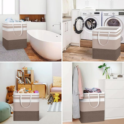HomeHacks 2-Pack Large Laundry Basket, Waterproof, Freestanding Laundry Hamper, Collapsible Tall Clothes Hamper with Extended Handles for Clothes Toys in the Dorm and Family (Brown, 100L)