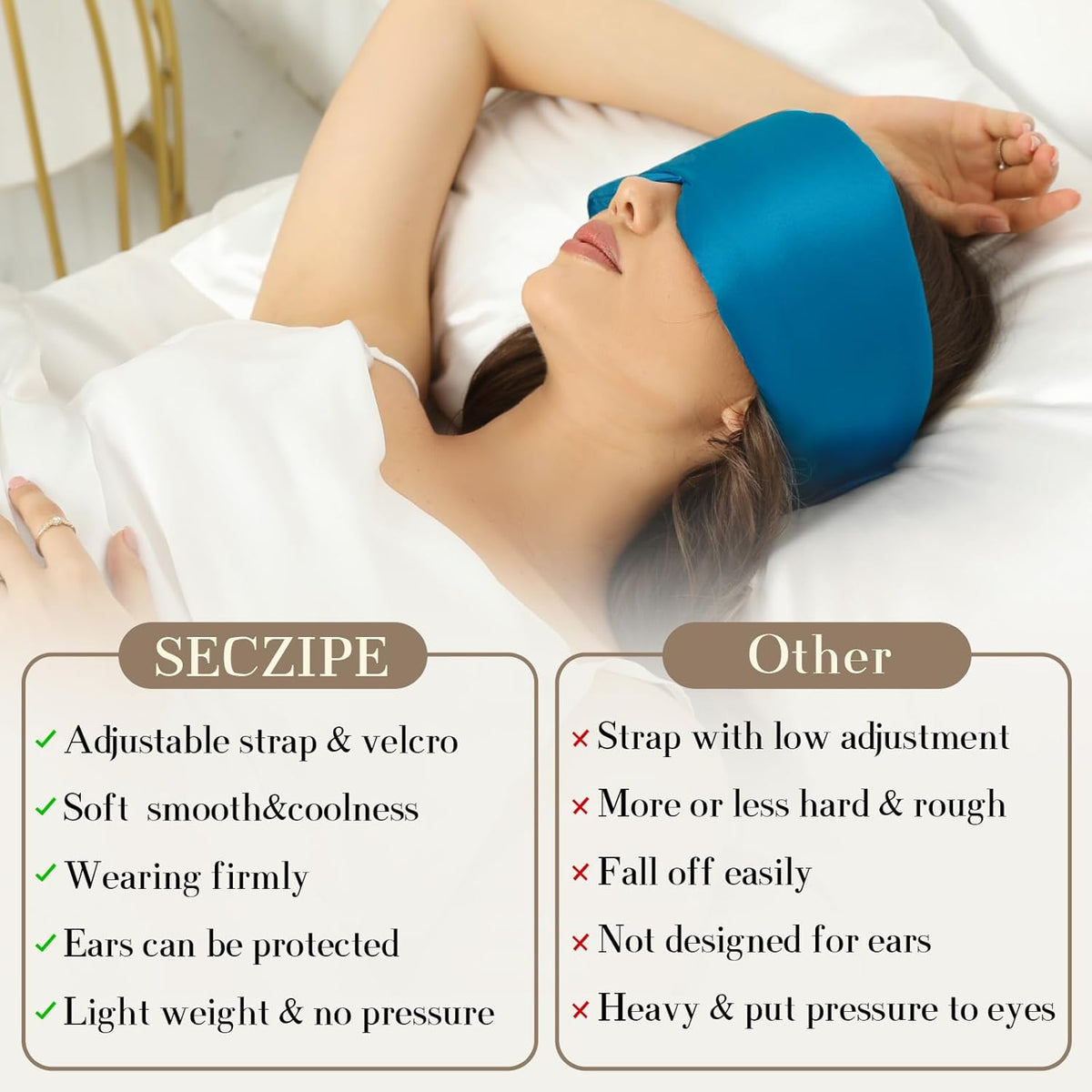 100% Mulberry Silk Sleep Mask Eye Mask for Women Man with Adjustable Band, for Side Sleeper Blackout Sleep Mask for Travel Rest and Office Large Size (Blue)
