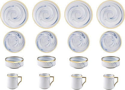 Fine China Artisan Marbled 16pc Dinner Set, Blue with Gold