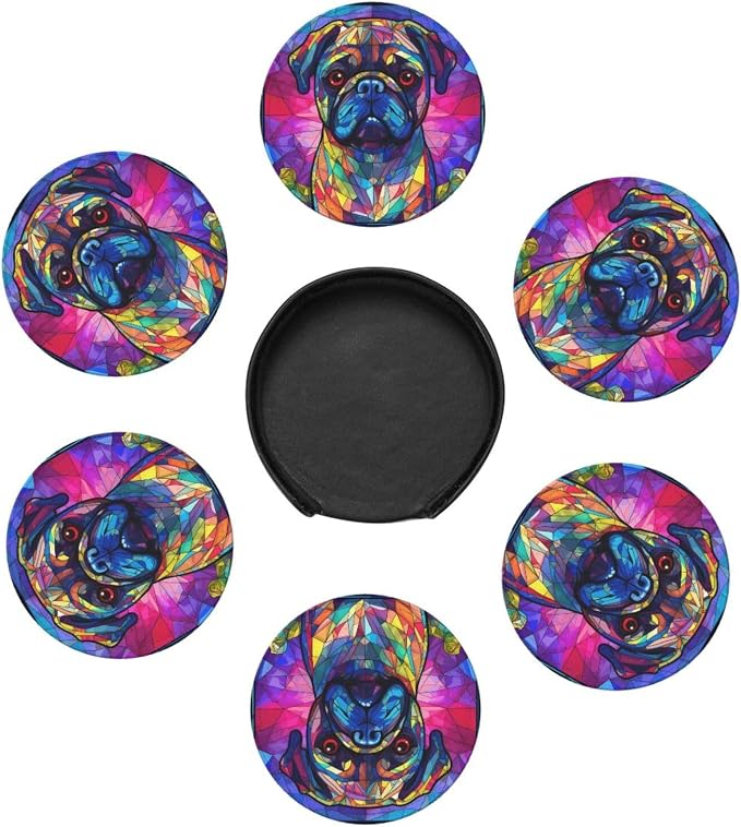 Pug Stained Dog Breed Glass Art Leather Drinks Coasters