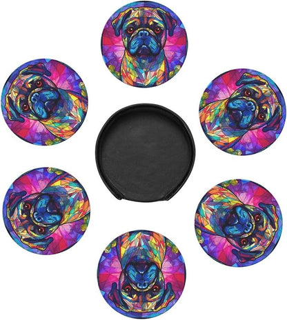 Pug Stained Dog Breed Glass Art Leather Drinks Coasters